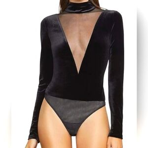 BCBGMaxazria Velvet Mesh Bodysuit Black XXS Thong Style Chocker Turtle Neck